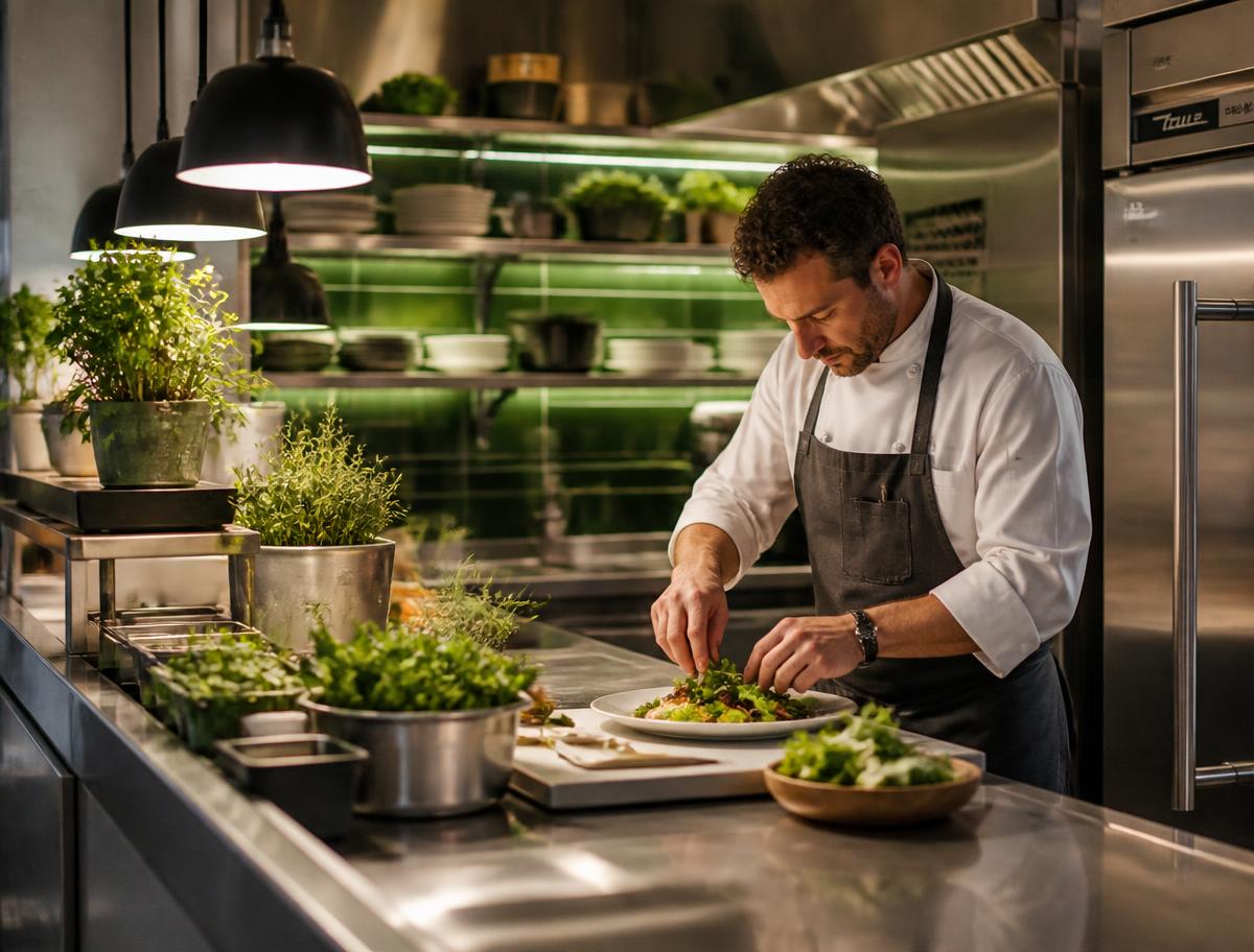 Chef plating fresh ingredients in a commercial kitchen