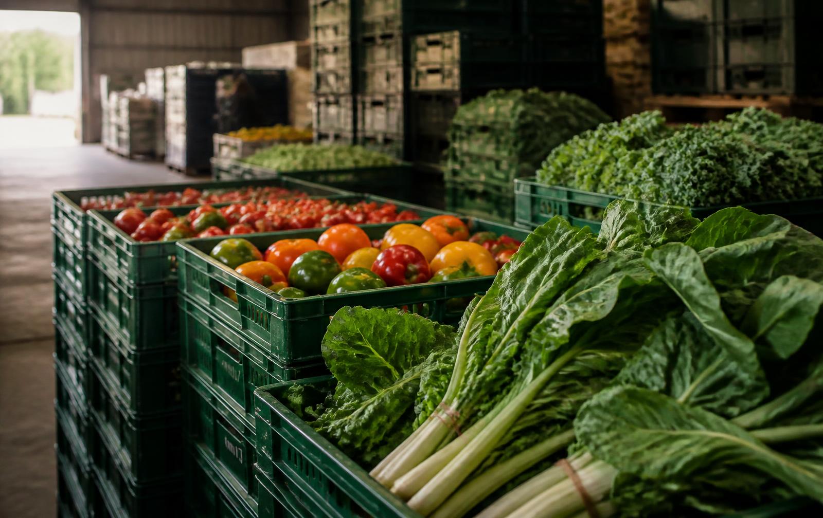 Crates of fresh produce in a wholesale food distribution warehouse